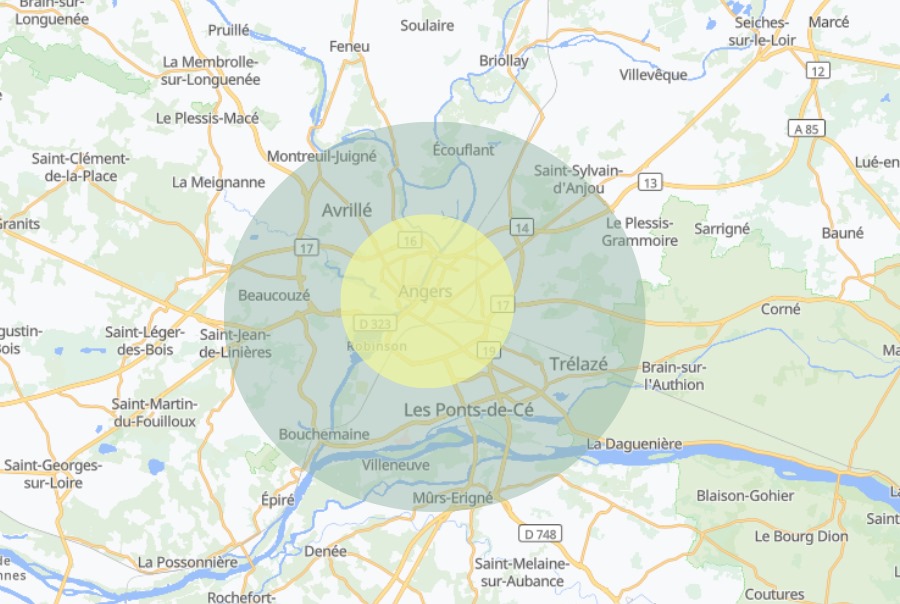 Carte des zones d'intervention autour d'Angers